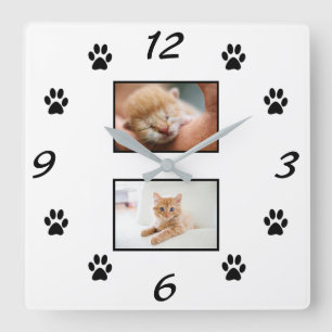 Simple Cat Paw Print Pet 2 Photo Collage Square Wall Clock