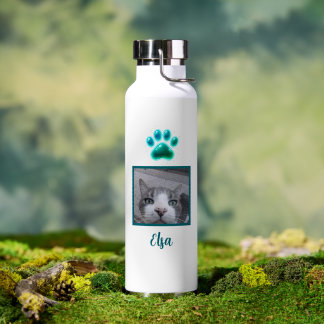 Simple Cat Photo & Name Neon Cat Paw Water Bottle