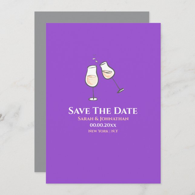 Simple champagne glasses toast purple plain save the date (Front/Back)