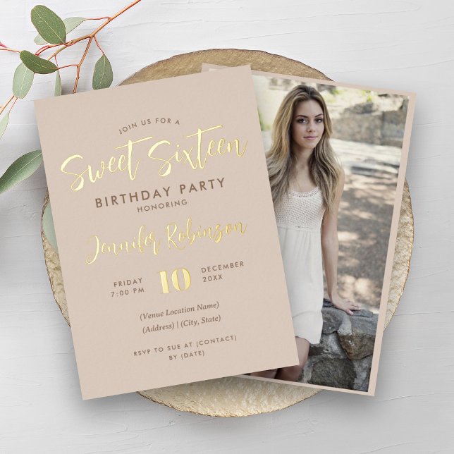 Simple Champagne Gold Photo Sweet 16 Sixteen  (Simple Champagne Gold Photo Sweet 16 Sixteen Foil Invitation)