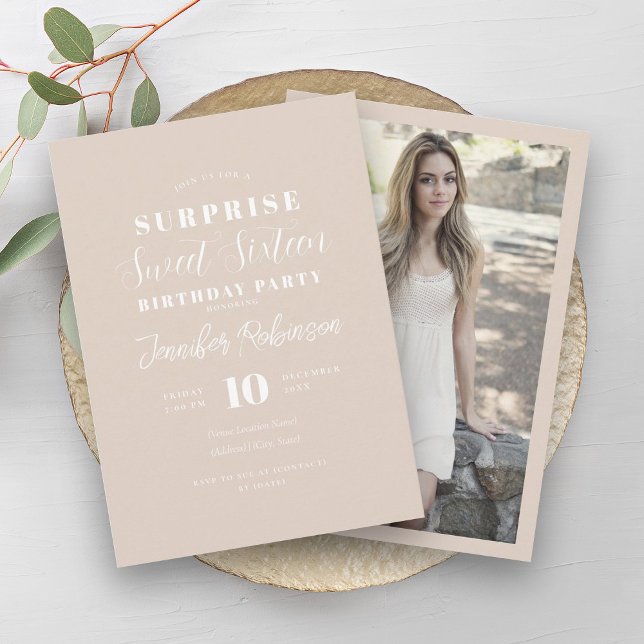 Simple Champagne Photo SURPRISE Sweet 16   Invitation (Simple Champagne Photo SURPRISE Sweet 16 Invitation)