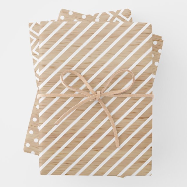 Simple Checks Stripes Polkadots On Faux Wooden Wrapping Paper Sheet (In situ)