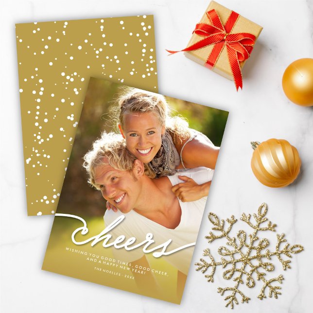 Simple Cheers Calligraphy Script Gold Ombre Photo Holiday Card (Creator Uploaded)