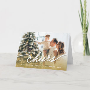 Simple Cheers Calligraphy Script Gold Ombre Photo Holiday Card