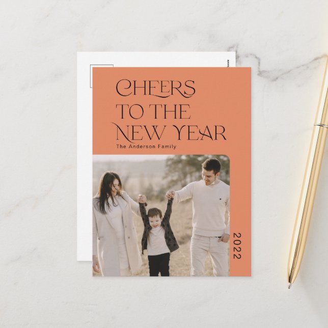 Simple Cheers to the new year 2022 family photo Holiday Postcard (Front/Back In Situ)