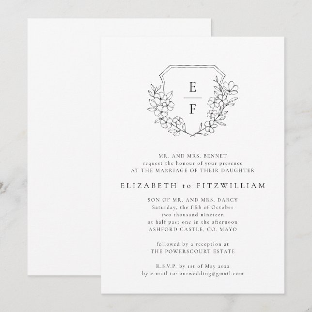 Simple Cherry Blossom Crest Monogram Wedding Invitation (Front/Back)
