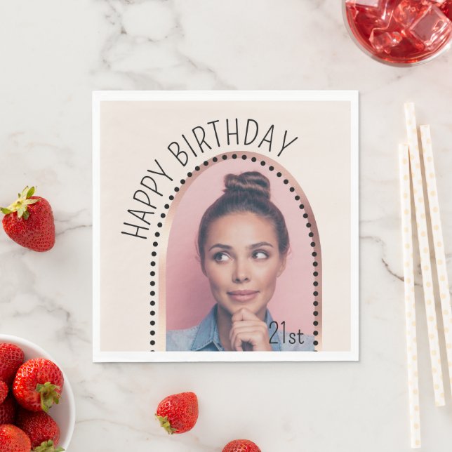 Simple Chic Any Age Birthday Rose Gold Arch Photo Napkin (Insitu)