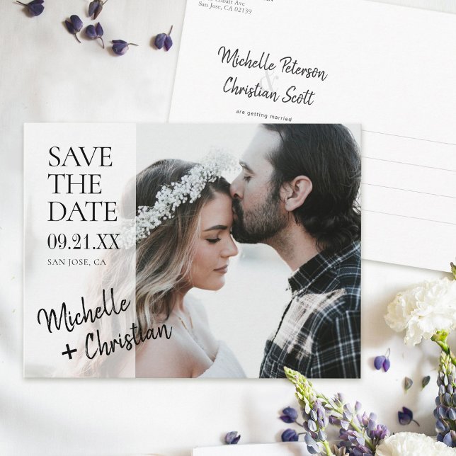 Simple Chic Black Script Photo Wedding Announcement Postcard (Creator Uploaded)
