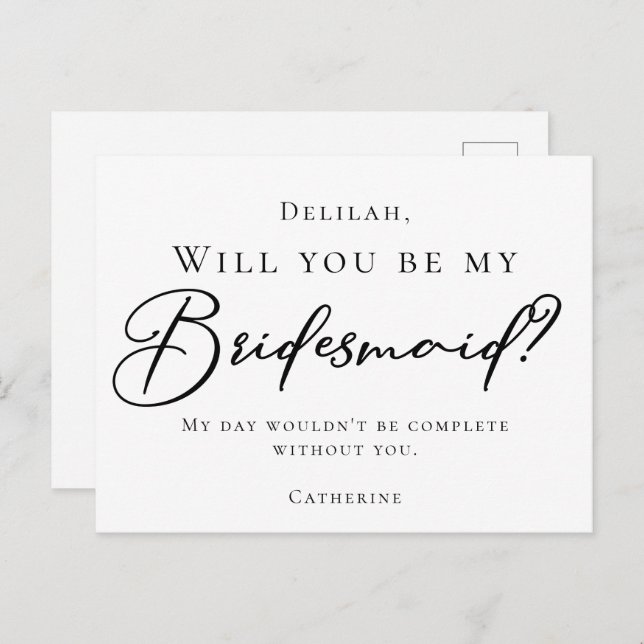 Simple Chic Black Script Will You Be My Bridesmaid Postcard (Front/Back)