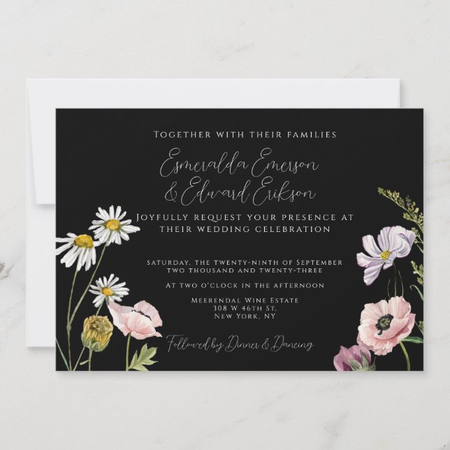 Simple Chic Black Wild Flower Garden Wedding  Invitation (Front)