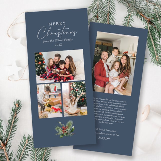 Simple Chic Blue 3 Photo Collage Christmas Foliage Holiday Card (Creator Uploaded)