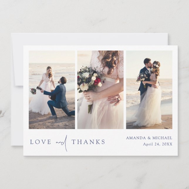 Simple Chic Blue Text Multi Photo Collage Wedding Thank You Card (Front)