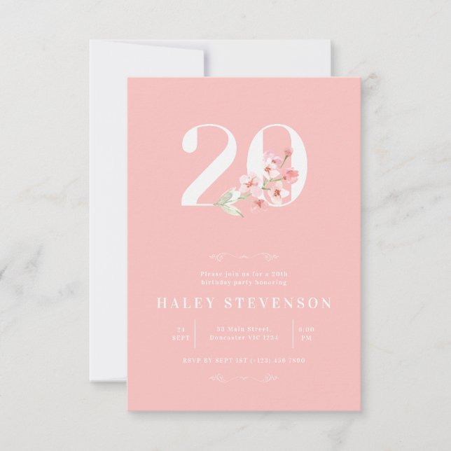 Simple Chic Blush Pink White Floral 20th Birthday Invitation (Front)