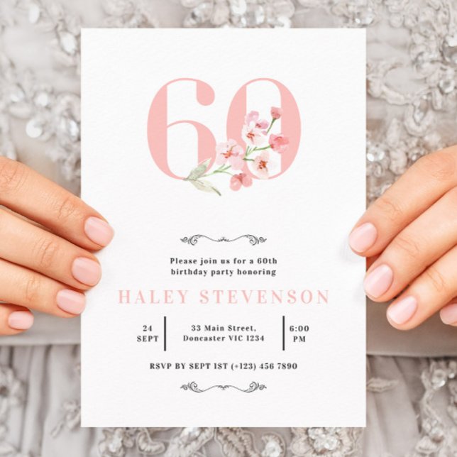 Simple Chic Blush Pink White Floral 60th Birthday Invitation (Creator Uploaded)