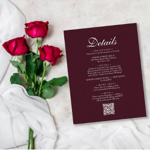 Simple Chic Burgundy Red QR Code Wedding Details Enclosure Card