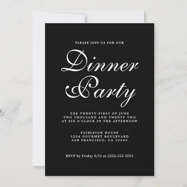 Simple Chic Calligraphy Black Dinner Party Invitation (Front)