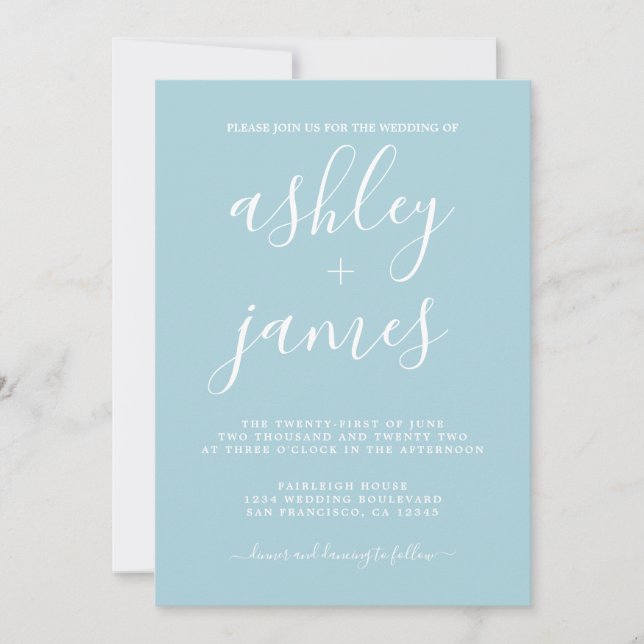Simple Chic Calligraphy Blue Glow Wedding Invitation (Front)
