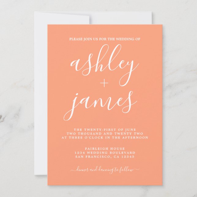 Simple Chic Calligraphy Cantaloupe Orange Wedding Invitation (Front)