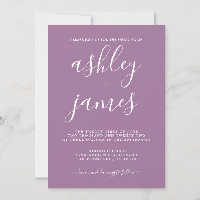 Simple Chic Calligraphy Dusty Lavender Wedding Invitation (Front)