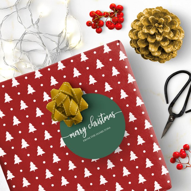 Simple Chic Calligraphy Merry Christmas Green Classic Round Sticker (Creator Uploaded)