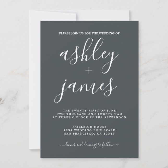 Simple Chic Calligraphy Off-Black Wedding Invitation (Front)
