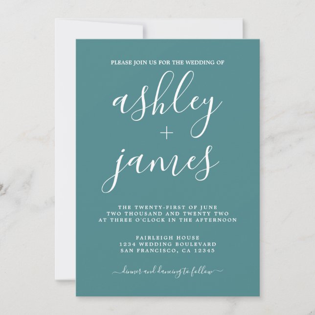 Simple Chic Calligraphy Teal Wedding Invitation (Front)