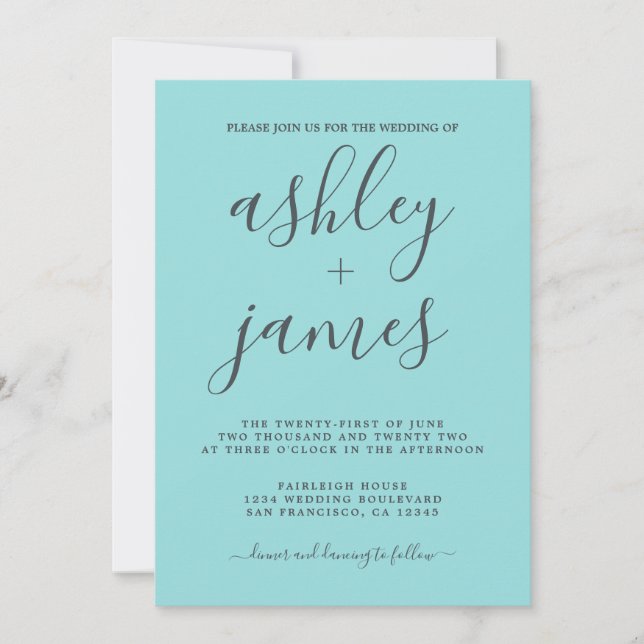 Simple Chic Calligraphy Turquoise Blue Wedding Invitation (Front)