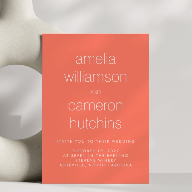 Simple Chic Coral Orange Modern Typography Wedding Invitation (Creator Uploaded)