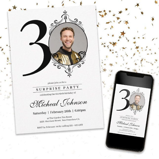 Simple Chic Custom Photo Surprise 30th Birthday  Invitation (Simple Chic Custom Photo Surprise 30th Birthday Invitation)