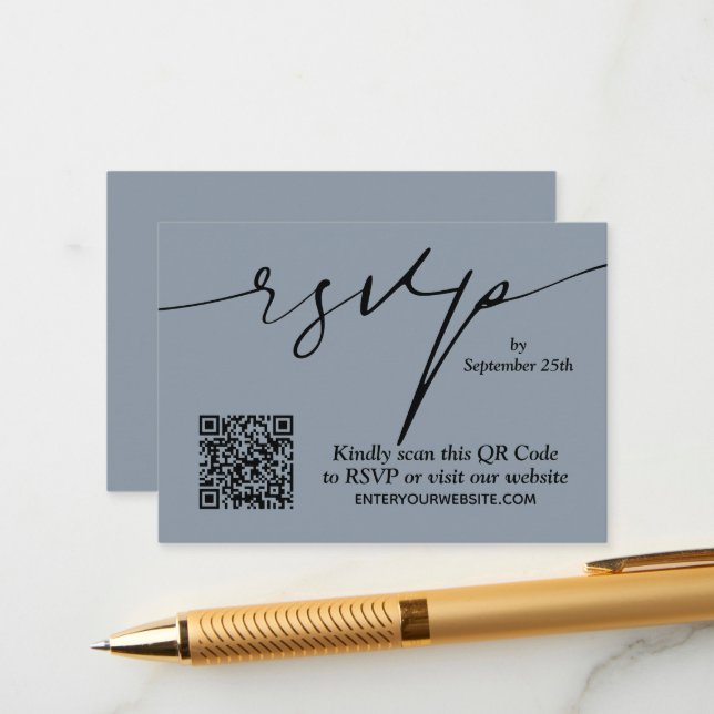 Simple Chic Dusty Blue QR Code Wedding Enclosure Card (Front/Back In Situ)