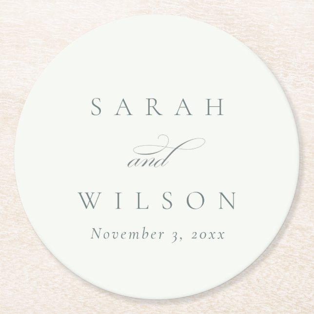 Simple Chic Elegant Script Black White Wedding Round Paper Coaster (Front)
