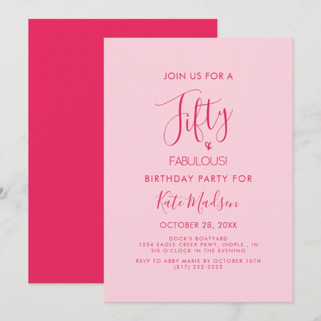 Simple Chic Fifty & FABULOUS! Pink Birthday Party Invitation (Front/Back)