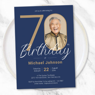  Simple Chic Gold Navy Blue Photo 70th Birthday Invitation