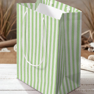 Simple Chic Linen Look Striped Pattern Green White Medium Gift Bag