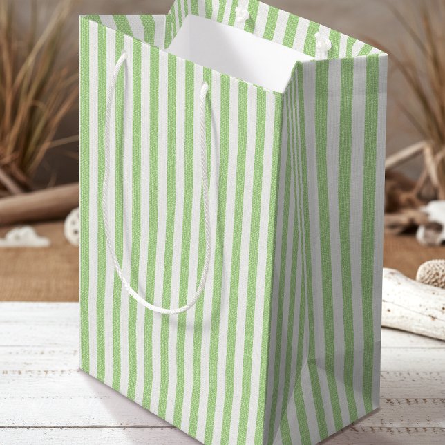 Simple Chic Linen Look Striped Pattern Green White Medium Gift Bag (Creator Uploaded)