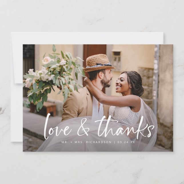 Simple Chic Love and Thanks 2 Photo Wedding Thank You Card (Front)