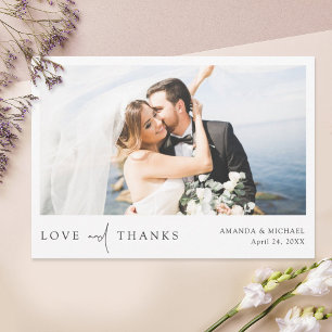 Simple Chic Love and Thanks Modern Wedding Photo Thank You Card