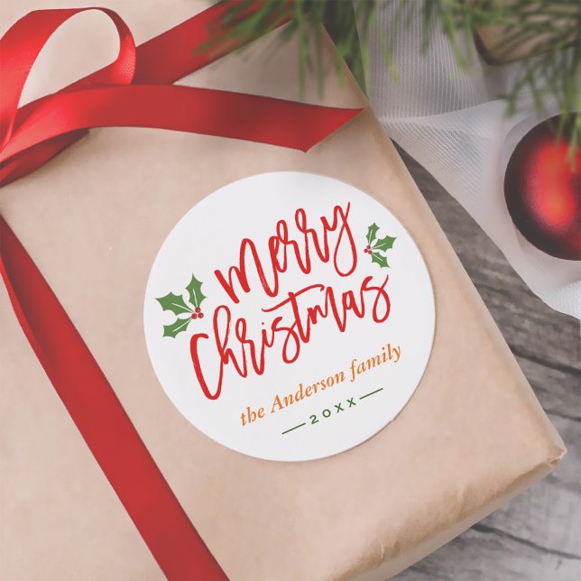 Simple Chic Merry Christmas Calligraphy Script Classic Round Sticker (Sample)