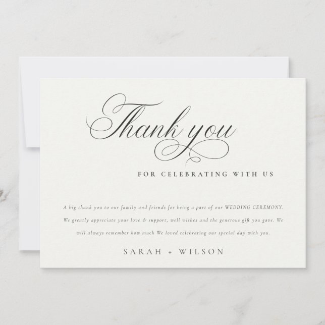 Simple Chic Minimal Script Black White Wedding Thank You Card (Front)