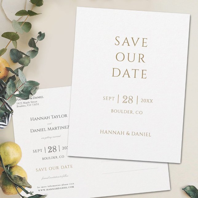 Simple Chic Minimalist Gold Wedding Save the Date Announcement Postcard (Creator Uploaded)