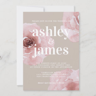 Simple Chic Modern Floral Pink Rose Grey Wedding Invitation