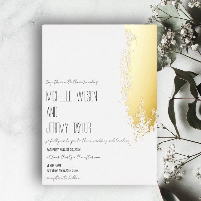 Simple Chic Modern Minimalist Gold Abstract (minimalist simple font on the white background with a gold foil abstract brush stroke wedding invita)