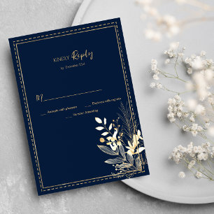 Simple chic navy blue gold floral RSVP  Invitation
