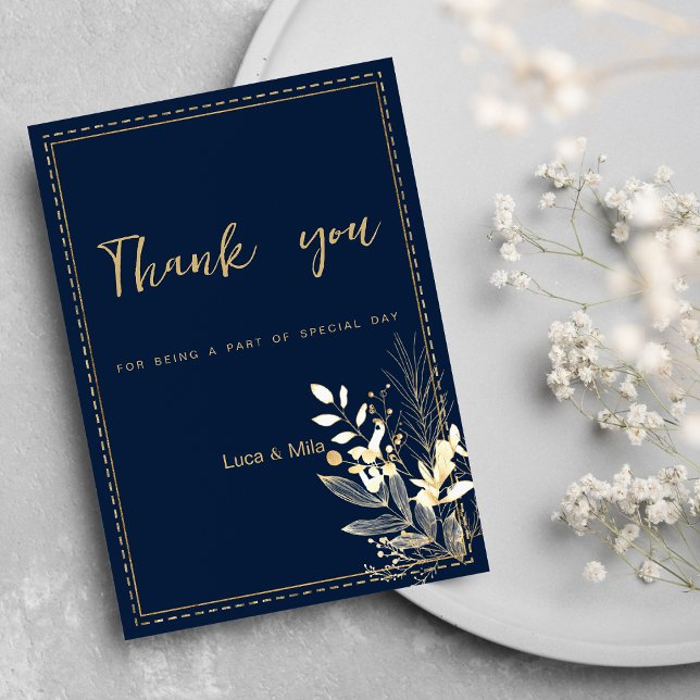 Simple chic navy blue gold floral Thank You  Invitation (Simple chic navy blue gold floral Thank You)