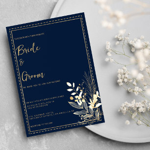 Simple chic navy blue gold floral Wedding Invitation