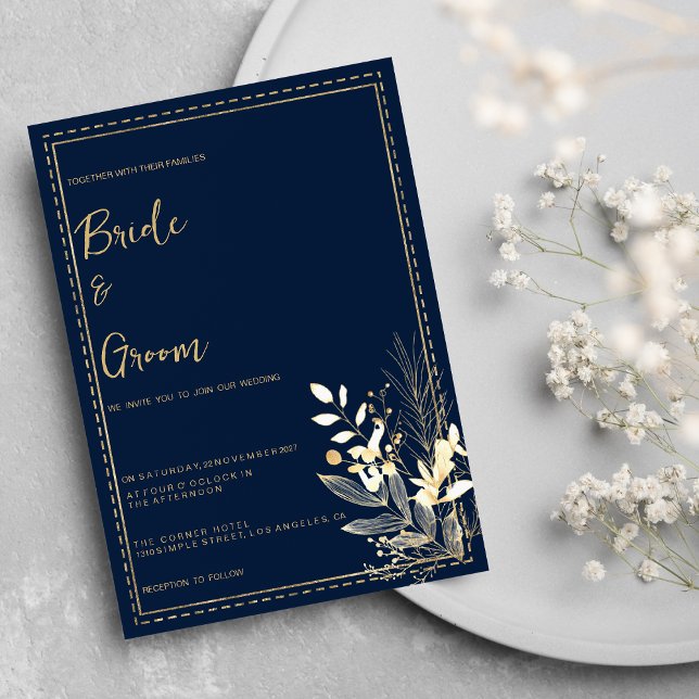 Simple chic navy blue gold floral Wedding Invitation (Simple chic navy blue gold floral Wedding )