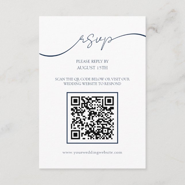 Simple Chic Navy Blue QR Code Wedding RSVP Card (Front)