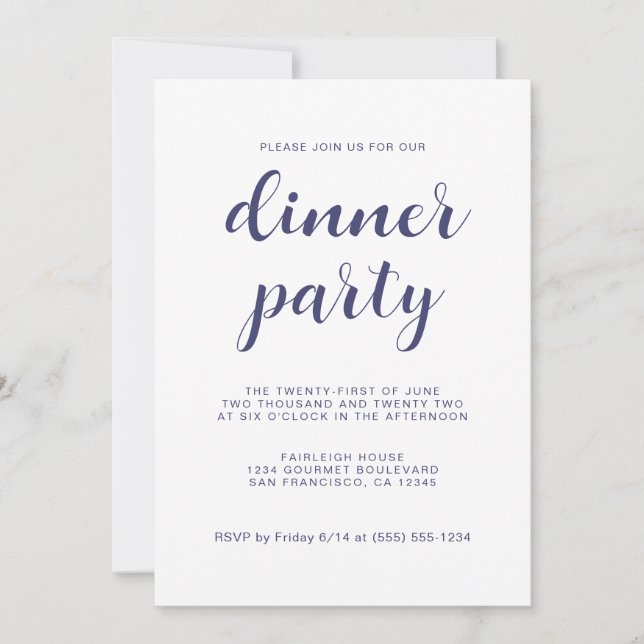 Simple Chic Navy Blue Script Dinner Party Invitation (Front)