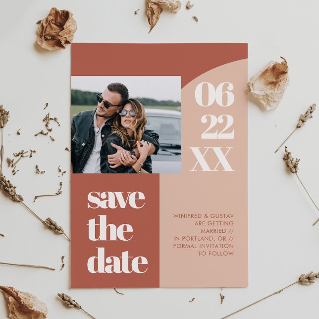Simple chic peach terracotta arch photo save the date (Creator Uploaded)