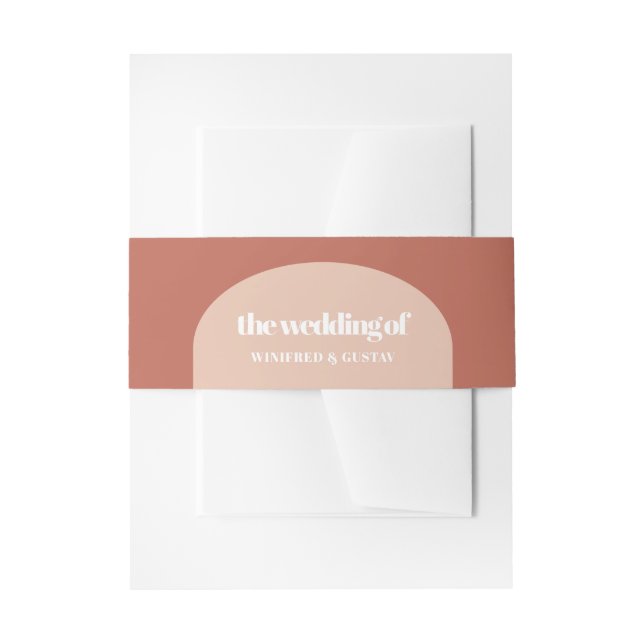Simple chic peach terracotta arch wedding invitation belly band (Front Example)